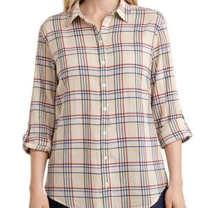 Talbots Plaid Roll Tab Long Sleeve Button Up Shirt Size Large